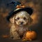 Cute Maltipoo Puppy on Halloween Wearing a Witches Hat - Ai Generative