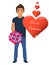 Cute man with a bouquet of flowers and a heart. Holiday gift card.Flat design. Happy Valentines Day. Vector illustration