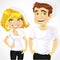 Cute man and woman  shows a white T-shirts under print of logo your company