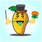 Cute Mango magician cartoon character with magic stick and flowers design