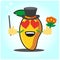 Cute Mango magician cartoon character with magic stick and flowers design