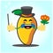 Cute Mango magician cartoon character with magic stick and flowers design