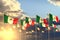 Cute many Mexico flags on sunset placed in row with selective focus and place for content - any holiday flag 3d illustration