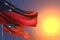 Cute many Samoa flags on sunset placed diagonal with soft focus and place for text - any holiday flag 3d illustration