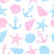 Cute marine life Background. Nautical seamless pattern with starfish, shell, anchor on white background.