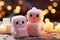 Cute marshmallow snowmen. Christmas mood, blurred background with lights.