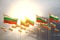 Cute memorial day flag 3d illustration - many Bulgaria flags in a row on sunset with empty space for content