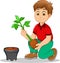 Cute men cartoon move plant from the poly bag to pot