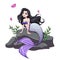 Cute mermaid with black hair and grey tail sitting on stone