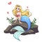 Cute mermaid with blonde hair and blue tail sitting on stone