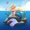 Cute mermaid with blonde hair and blue tail sitting on stone. Hand drawn cartoon illustration.  on white.