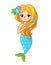 Cute mermaid with a blue tail on a white background strokes her lush hair