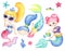 Cute mermaid characters and fish on white background. Watercolor mermaid girl. Colorful girl character