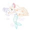 Cute mermaid girl in coral tiara carefully examines the head of the sculptural bust colored outlined for coloring page on a