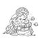 Cute mermaid girl in coral tiara sits on its tail and goes through the treasures in the chest outlined for coloring page