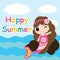 Cute mermaid girl is sitting on the rock of the sea cartoon, Summer postcard, wallpaper, and greeting card