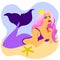 cute mermaid is lying on sand on seabed, with pink hair and golden crown, lies starfish. mermaid with pink hair and purple tail.