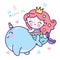 Cute Mermaid princess cartoon swim with narwhal fish vector unicorn horn kawaii animal friends