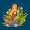 Cute mermaid princess with red hair and other under the sea elements such as fish, seaweed,stones and shells banner