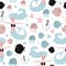 Cute mermaid, seaweed, starfish, and jellyfish seamless pattern with colorful nursery background for fashion textile wrapping and