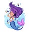 Cute mermaid with tan skin, violet hair and shiny blue tail wearing a t-shirt listen to music