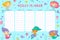 Cute mermaid weekly planner. Funny girly school schedule, little underwater princesses, fish tails and scales, learning