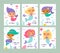 Cute mermaids cards. Girly birthday posters, funny little underwater princesses, seaweed and fishes, kids ocean fairy