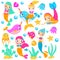 Cute mermaids. Cartoon mermaid, narwhals, fishes and other underwater characters. Stickers, clip art, isolated elements