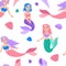 Cute mermaids and ocean shells seamless pattern