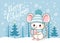 Cute Merry Christmas card with a cute little mouse standing on the snow among the blue forest