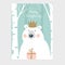 Cute Merry Christmas greeting card, invitation. Polar bear with crown holding gift box. Birch wood. Hand drawn kids
