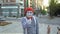 Cute mime in red beret show thumb up on camera