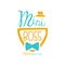 Cute mini boss logo design with lettering, hat and bow tie. Original baby manager theme. Colorful hand drawn vector