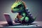 Cute mini dinosaur with computer gamer video