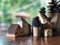 Cute Mini houses made by ceramic on the wooden table , Decorative for your house