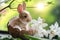 Cute miniature rabbit in egg shell with easter egg elements and spring flowers