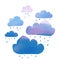 Cute minimal cartoon style illustration of blue rose rainy clouds with rain drops falling with watercolor texture