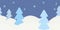 Cute minimalist winter border on blue background with snowflakes and Christmas trees or spruces. Texture for decoration greeting