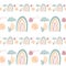Cute minimalistic scandinavian square seamless border pattern with rainbow and sky. Watercolor digital art on a white background.