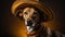 Cute mix brred dog wearing Mexican sombrero hat, yellow background. Celebrate Cinco de Mayo