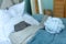 cute modern bedroom corner blue bad, pillows, duvet closeup photo