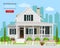 Cute modern graphic cottage house with trees, flowers, bench and city background.