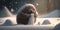 A cute mole is trying to build a snowman but looks sad and frustrated as it\\\'s not going well