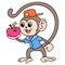 Cute monkey carrying apple with caterpillar in it, doodle icon image kawaii