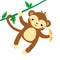 Cute monkey. Cartoon marmoset hanging on liana, holding banana. African animal. Kawaii style