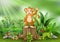 Cute monkey cartoon waving and standing on tree stump with green plants