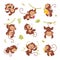 Cute monkey characters. Childish cartoon monkeys, isolated primates hang on vine in different poses. Wild tropical