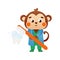 Cute monkey doctor holding toothbrush and brushing tooth, dental clinic illustration