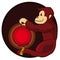 Cute monkey holding a glowing round paper lantern in a button, Vector Illustration