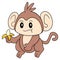 Cute monkey kid enjoying delicious bananas, doodle icon image kawaii
